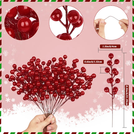 24 Pcs Christmas Tree Decorations, Christmas Ornaments Artificial Red Berry Stems, 8.9 inch Christmas Picks with Faux Holly Berries for Xmas Garland Wreath DIY Craft Decoration Holiday Home Decor(Red)