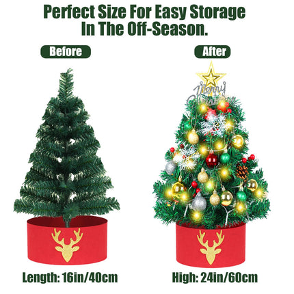 24 Inch/2 ft Small Christmas Tree with Lights LED, Mini Pre-lit Artificial Christmas Tree with Ornaments Topper Collar, Tabletop Battery Operated Xmas Pine Tree for Indoor DIY Decor