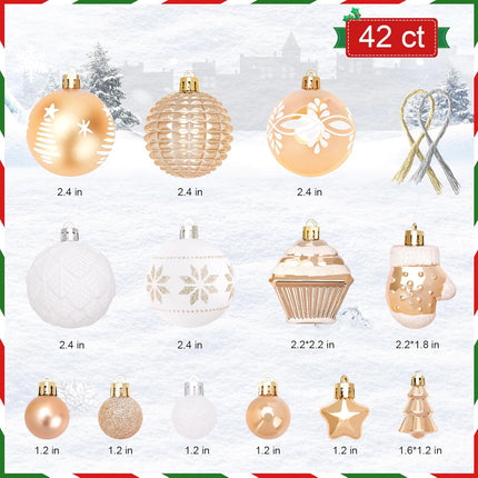 FestiveBliss Christmas Ornaments, 42 Pcs Christmas Decoration Balls or Xmas Tree Ornaments, Shatterproof Plastic Christmas Balls for Holiday Wreath Garland Decor, (Gold & White)