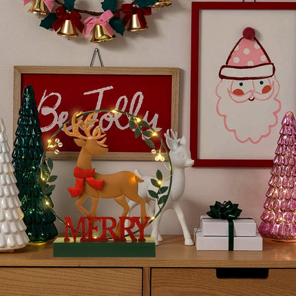 Christmas Decorations for Home Led Lighted Christmas Wreath Elk Decor Merry Christmas Sign Wooden Rustic Farmhouse Tabletop Block Xmas Party Holiday Signs