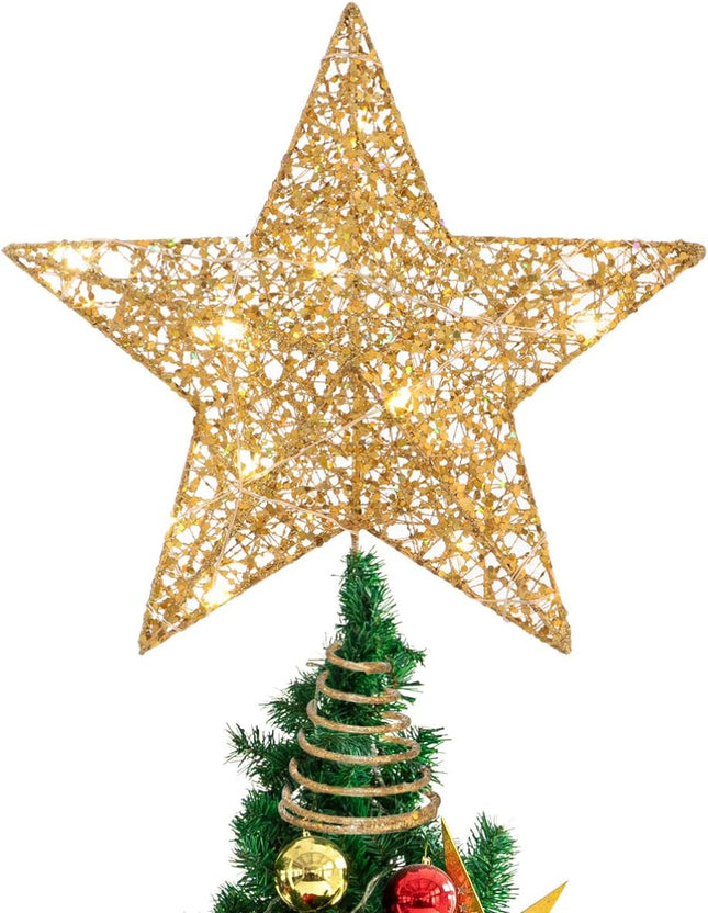Golden Star Christmas Tree Topper Hallow Bling Powder Christmas Treetop Lights for Holiday Decoration, 7.8 x 11.8 Inch