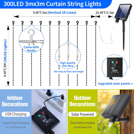 Solar Curtain Lights 1010Ft 300LED Waterproof Waterfall Light with 8 Modes Remote Type C Charging Dimmable Timer Twinkle Fairy String Lights for Outdoor Christmas Gazebo Wedding Party Pergola Patio