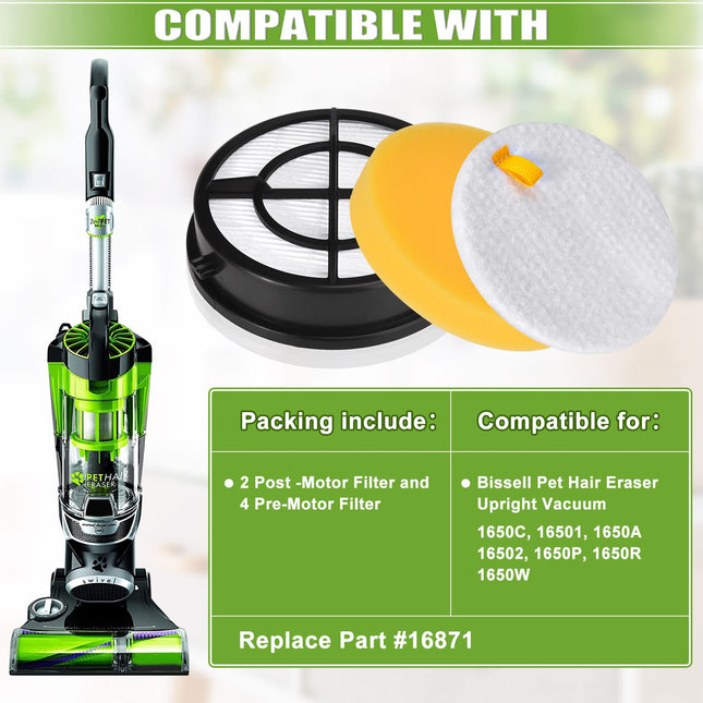 2Pack 1650 Filter For Bissell Pet Hair Eraser Turbo Upright Vacuum Model 1650A,1650C, 16501, 16507, 16508, 16502, 1650P, 1650R, 1650W, Replaces Parts 1608860 & 16871