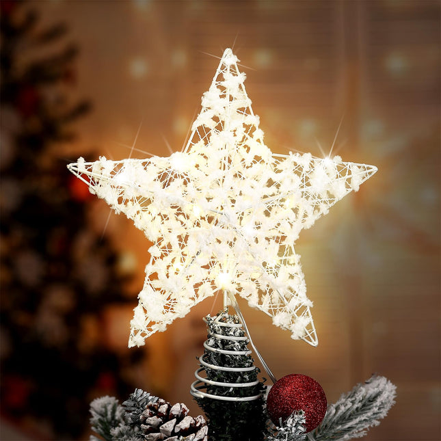 9 Inch Christmas White Tree Star with LED Lights, White Cotton Balls Metal Hallow Light up Metal Tree Topper for Christmas Tree Ornament and Holiday Seasonal Decor(Batteries Not Included)