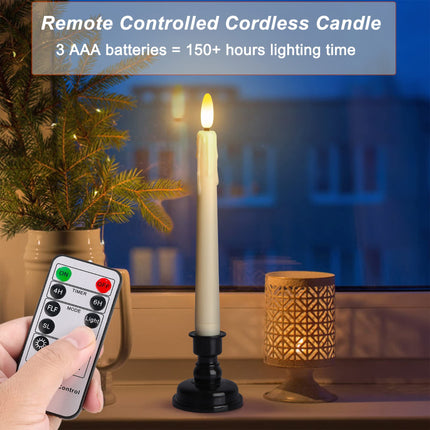 Battery Operated LED Window Candles with Remote Timer, 8 Inches Ivory Flameless Taper Flickering Candles, Removable Black Candlesticks and Suction Cups, Holiday, Home Decor, 4 Pack