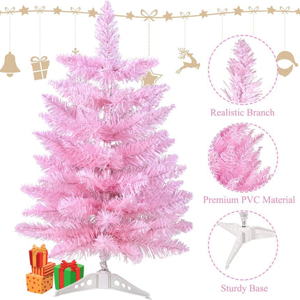 2FT Artificial Christmas Tree Pink Tabletop Christmas Tree with Plastic Stand Mini Xmas Pine Tree for Party Supplies Indoor Outdoor Holiday Home Decoration (Pink)