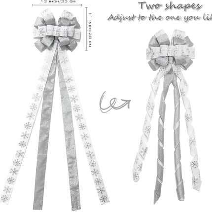 Christmas Tree Topper Bow, 53x13 Inches Large Christmas Bow with Glitter Streamer and Patterned Ribbon, Decorative Bows for Xmas Tree Wreath Door Festival Home Decor(White & Silver Snowflake)
