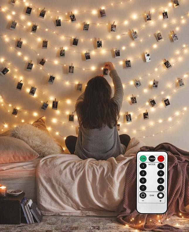 LiyuanQ 40 LED Photo Clip String Lights with Remote, 8 Modes Indoor Fairy String Lights for Hanging Photos Pictures Cards and Memos, Ideal for Bedroom Decoration (USB Operated, Warm White)