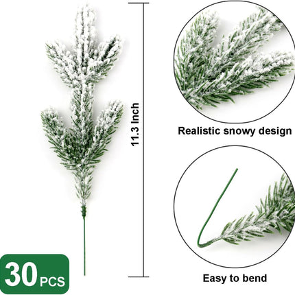 30 Pcs Snow Frosted Pine Branches 11.3 Inch Artificial Flocked Pine Picks for Christmas Tree Filler Branches Snowy Pine Stems Winter Pine Spray Tree Sprigs for DIY Crafts Garland Wreath Holiday Decor