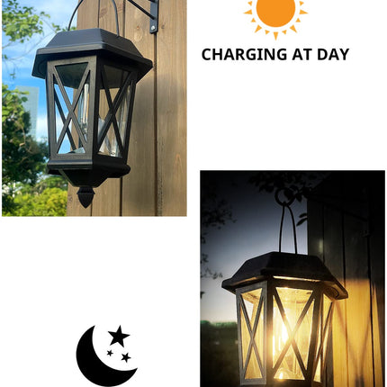 Solar Lantern Outdoor Hanging Solar Lights, Waterproof Metal Solar Lights Outdoor with Clear Glass, LED Solar Powered Lights Wall Mount for Yard Garden Wall Outdoor, Black - 2 Pack