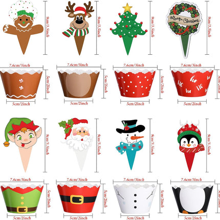 96 Pieces Christmas Party Decorations Christmas Cupcake Topper Wrappers Santa Claus Snowman Reindeer Elf Penguin Christmas Tree Christmas Wreath Gingerbread Hand Cake Party Decorations Supplies