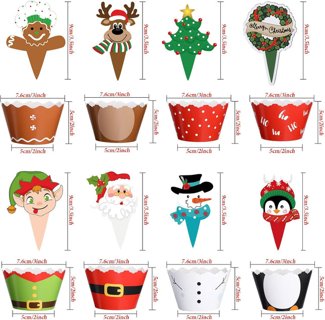96 Pieces Christmas Party Decorations Christmas Cupcake Topper Wrappers Santa Claus Snowman Reindeer Elf Penguin Christmas Tree Christmas Wreath Gingerbread Hand Cake Party Decorations Supplies
