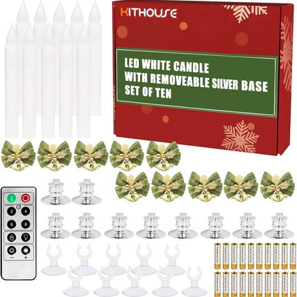 Christmas Window Candles Lights with Timer Candles Flameless,Sliver Candlestick, Suction Cups,20 PCS Battery Included,Christmas Bow& Box
