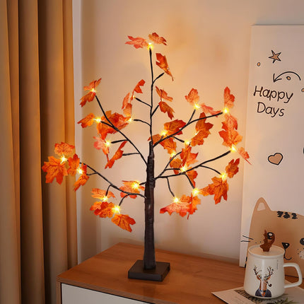 2FT 25LED Artificial Lighted Maple Tree,Timer Function Prelit Fall Decor Maple Tree with Warm White Light Lamp Battery Operated and USB for Indoor Outdoor Harvest Halloween Thanksgiving Day