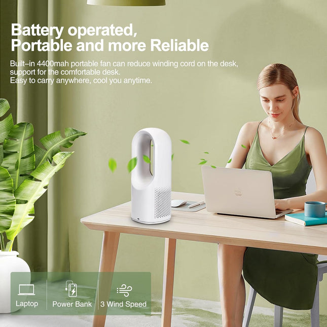 Conbola Desk Fan Portable, Battery Operated,Quiet Desktop Fan Bladeless With 3 Cooling Speeds, 11.8 Inch Touch Control Personal
