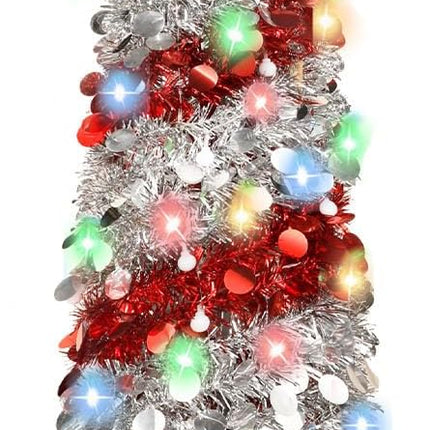 5FT Christmas Trees with 90 Lights, Collapsible Artificial Sequin Pop Up Christmas Tree, Tinsel Slim Pencil Christmas Tree for Home Holiday Fireplace Party Indoor Outdoor Xmas Decorations (Sliver&Red)