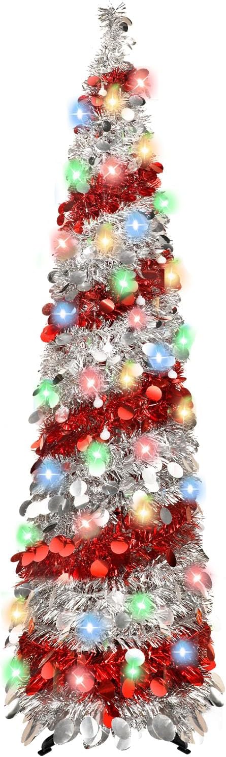 5FT Christmas Trees with 90 Lights, Collapsible Artificial Sequin Pop Up Christmas Tree, Tinsel Slim Pencil Christmas Tree for Home Holiday Fireplace Party Indoor Outdoor Xmas Decorations (Sliver&Red)