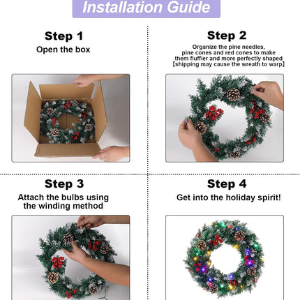 Christmas Wreath, Outdoor Lighted Wreaths for Christmas, Front Door Christmas Wreaths with 30 LED, Pre-Lit Battery Powered Christmas Door Decorations with Pine Cones, Berry Clusters, 18 Inches