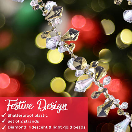 Klikel Christmas Clear Iridescent and Gold Bead Garland, Large Twist Bead String for Christmas Tree 10-feet - Set of 2 Pieces