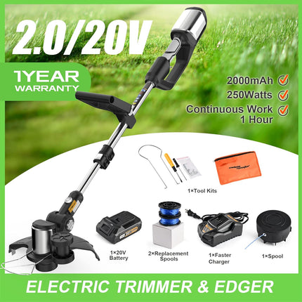 SALEM MASTER 20V String Trimmer 12 Inch Edger Cordless Stringless Trimmer 2.0Ah Battery and Charger Included Electric Weed Trimmer for Lawn Patio Garden
