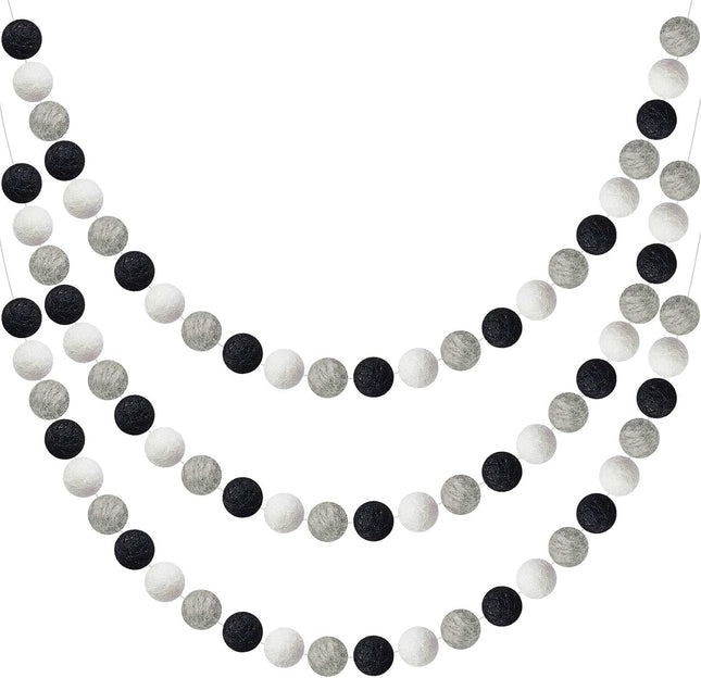 3 Pieces Wool Felt Ball Garland Colorful Pom Pom Garland 6.56 Feet Long 24 Ball Garland for Winter Christmas Easter Thanksgiving Halloween Wall Decoration (Black, Gray, White)