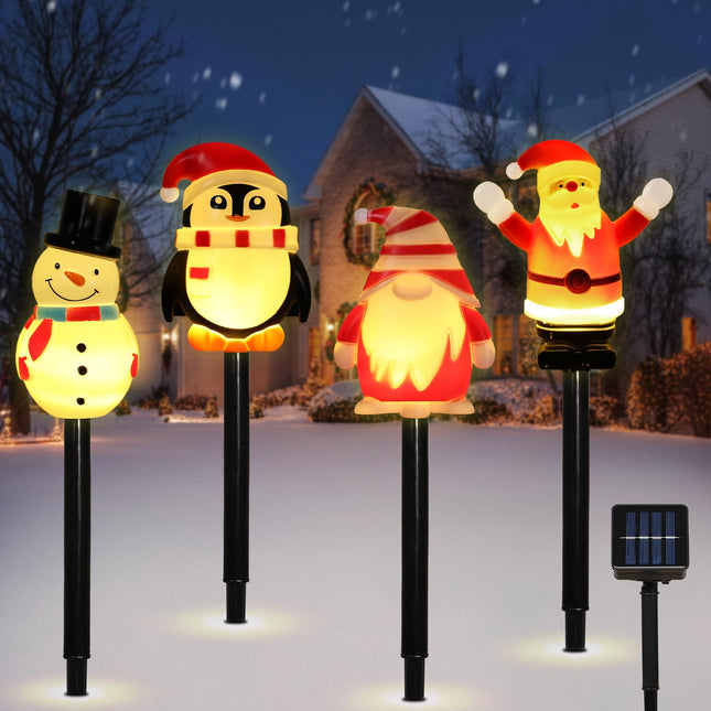 Lewondr 4 Pack Christmas Decorations Outside,Solar Lighted Santa Claus,Snowman,Gnome,Penguin with Garden Stakes,Waterproof Garden Lawn Pathway with 2 Lighting Modes,Yard Decor for Xmas Party,Holiday