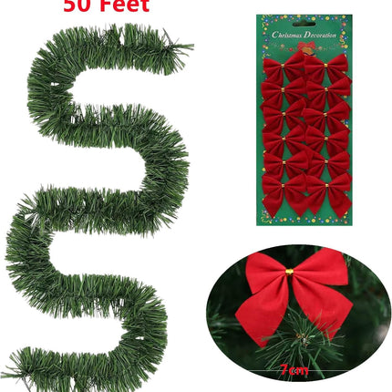 50 Feet Christmas Garland Decoration, ENLAYER 6 Inch Width Soft Green Holiday Decor for Holiday Happy Year Party Tree Home Office Event with 12 Red Bow Tie(6Inch,1PCS)