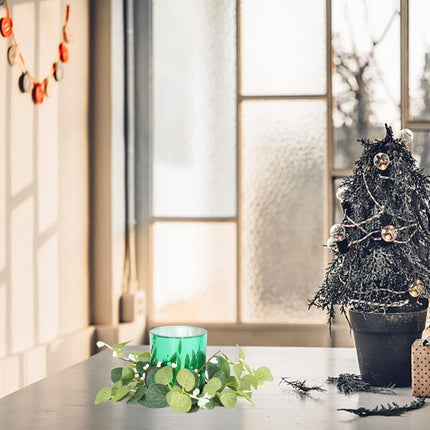 4pcs Pillar Candle Rings Wreaths, Artificial Eucalyptus Leaves Mini Wreaths Greenery Boho Candleholders, Rustic Farmhouse Decorative Wreath for Easter Christmas Wedding Home Table Decor(Green)