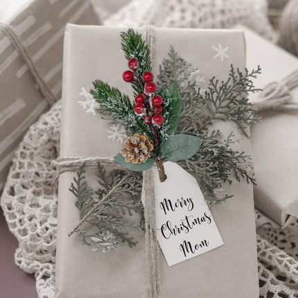 BANBERRY DESIGNS Holiday Pine Snowy Flower Picks 10 Pieces - Snow Flocked Red Holly Berry Pine Cone Floral Sprays -Decoration AMD Crafting - Measures 11" L