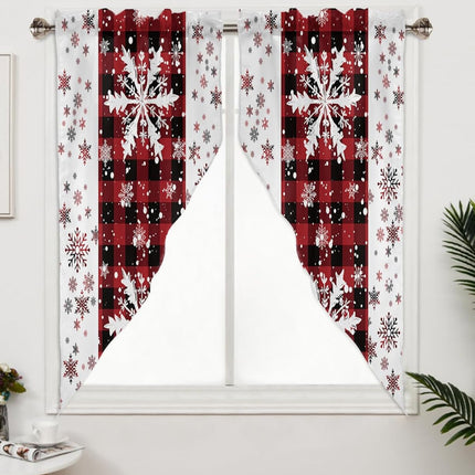 Christmas Curtains Swag Valance Snowflakes Red Black Buffalo Plaid White Rod Pocket Kitchen Curtains Winter Holiday Window Valances Swag Curtains for Christmas Decorations, 1 Pair, 28"W x 36"L