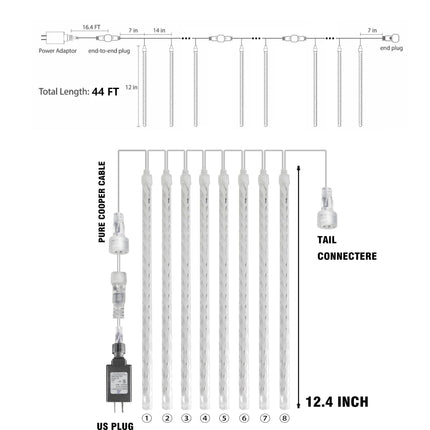 Dazzle Bright 864 LED Christmas Light, Meteor Shower Rain Lights 11.8 Inch 24 Tubes, Waterproof Plug in Falling Rain Lights Christmas Decorations for Xmas Bushes Tree Yard Party (White)