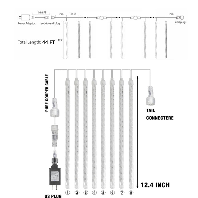 TW SHINE Christmas Meteor Shower Lights Outdoor, 864 LED 12" 24 Tubes Waterproof Christmas Lights Outdoor Plug in, Snow Falling Rain Icicle Xmas Lights Decorations, Warm White