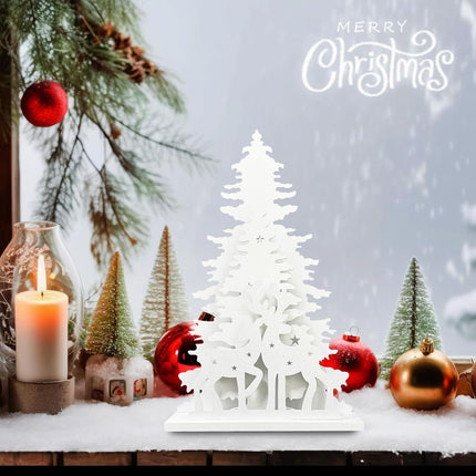 Wooden Christmas Tree Tabletop Decor, Cewuidy，LED Light up Wooden Christmas Reindeer Ornaments 11.8inch 2AA Battery Powered for Home Farmhouse Xmas Desktop Decorations(Indoor)