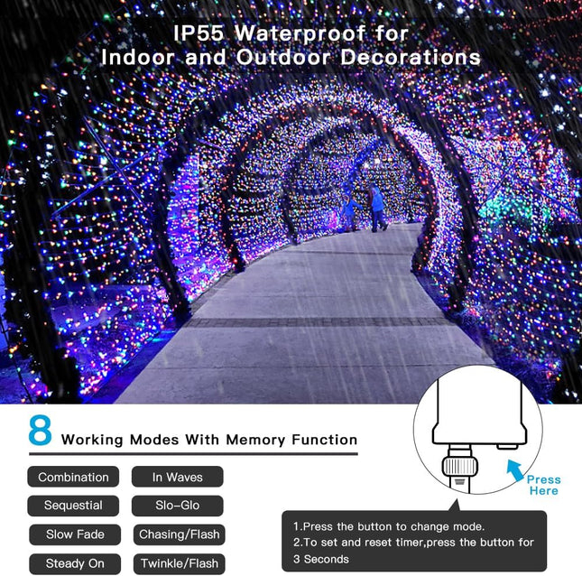AmyHomie Color Changing Christmas Lights, 108Ft 300LED Warm White Multicolor Christmas String Lights, 8 Modes Waterproof Fairy String Lights for Outdoor & Indoor Christmas Tree Home Patio Garden Decor
