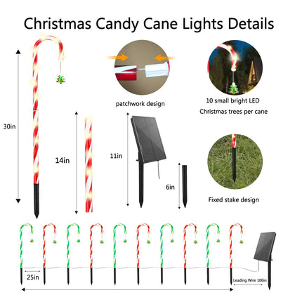 10-Pack d Solar Christmas Pathway Lights, Solar Christmas Candy Cane Lights Waterproof, Christmas Decorations Stakes Lights Outdoor with 8 Modes for Party Patio Garden Lawn Yard Decor