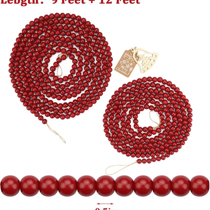 2 Pack Christmas Wood Bead Garland, Red Wooden Beads Garland, Round Wooden Beads Garland for Christmas Tree Decorations, 9 Feet+12 Feet