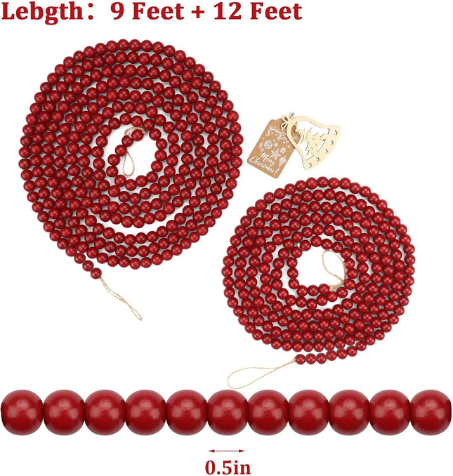 2 Pack Christmas Wood Bead Garland, Red Wooden Beads Garland, Round Wooden Beads Garland for Christmas Tree Decorations, 9 Feet+12 Feet