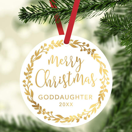 Andaz Press Family Round Metal Christmas Ornament, Merry Christmas Goddaughter , Gold Holiday Wreath, 1-Pack, Includes Ribbon and Bag Goddaughter Ornament Godchild Ornament