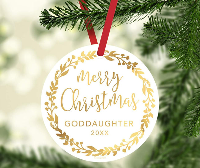 Andaz Press Family Round Metal Christmas Ornament, Merry Christmas Goddaughter , Gold Holiday Wreath, 1-Pack, Includes Ribbon and Bag Goddaughter Ornament Godchild Ornament
