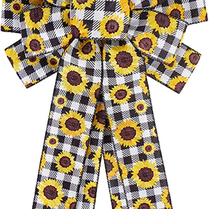 Sunflower Black White Buffalo Plaid Wreath Bow Large Rustic Summer Fall Autumn Sunflower Bow Christmas Tree Topper for Farmhouse Home Indoor Outdoor Wedding Decoration