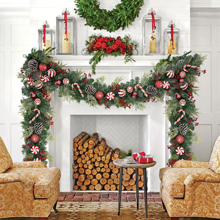 Red and White Christmas Garland 6Ft Christmas Garland Ornaments with 15 Balls, 3 Pinecones, 3 Candy Canes, Doorway Garland Christmas Decorations for Fireplace Mantel Staircase Front Door Porch Holiday