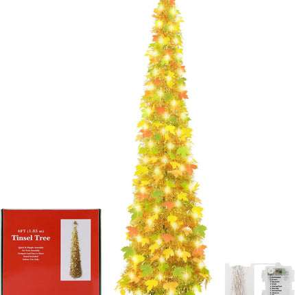 [ Timer ] 6Ft Lighted Fall Pop Up Tree - Artificial Fall Tinel Maple Tree with 100 Warm Lights, Battery Operated Collapsible Pencil Tinsel Fall Trees for Autum Harvest Thanksgiving Porch Home Decor