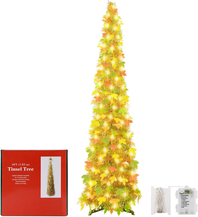 [ Timer ] 6Ft Lighted Fall Pop Up Tree - Artificial Fall Tinel Maple Tree with 100 Warm Lights, Battery Operated Collapsible Pencil Tinsel Fall Trees for Autum Harvest Thanksgiving Porch Home Decor