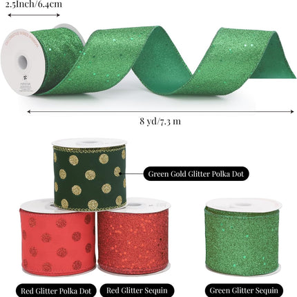 4 Rolls 32 yd Red Green Glitter Christmas Wired Ribbon Set, 2.5 inch x 8yd Polka Dot Satin Burlap Ribbon for Xmas Tree Décor, Wrap Box, Bow, Wreath, Garland, Floral DIY Craft