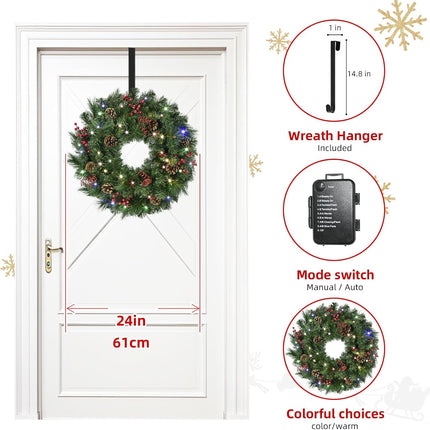 Christmas Wreaths for Front Door 24In - Artificial Christmas Wreath with 40 LEDs 9 Models Light, Timer, Hanger, Battery Operated Christmas Wreath for Mantel Wall Windows Xmas Decoration