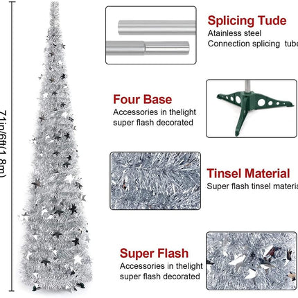 QUIENKITCH 6FT Pop Up Artificial Christmas Tree, Collapsible Sliver Tinsel Christmas Tree, Foldable Tall Skinny Pencil Xmas Tree for Holiday Xmas Fireplace Party Decor