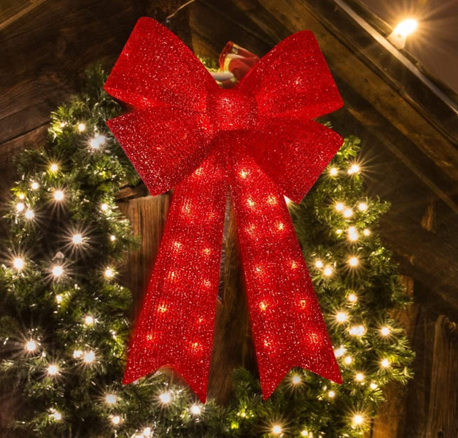 Christmas Glitter Red Bow，Lighted Large Christmas Bows Wreath Decoration,Christmas Tree Topper Decorative Bow for Indoor Outdoor Christmas Parties Decorations (32IN 72LED)