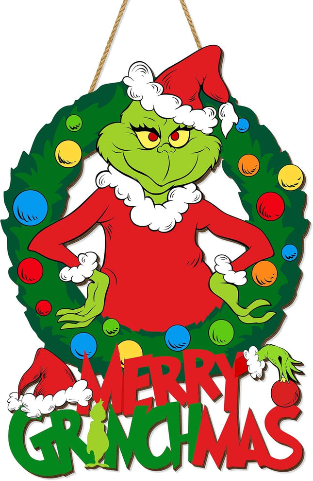 Christmas Door Decorations Hanging Sign, Merry Christmas Front Door Decor, Christmas Wooden Wreath Ornaments for Home Outdoor Indoor Wall, Christmas Door Hanger Xmas Holiday Party Supplies