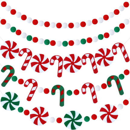 Preboun 5 Pack Christmas Felt Ball Garland Candy Cane Garland Christmas Pom Pom Garland for Christmas Tree Decoration Colourful Felt Ball Candy Hanging Garland Banner for Xmas Holiday WaHome Decor