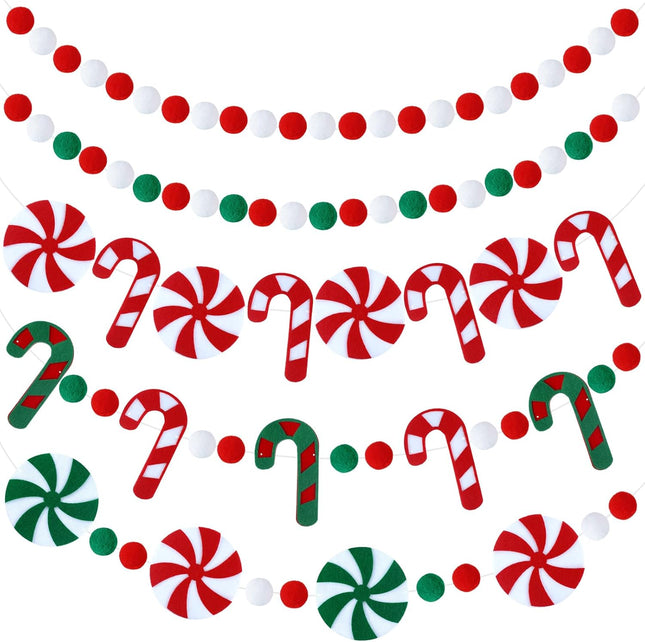 Preboun 5 Pack Christmas Felt Ball Garland Candy Cane Garland Christmas Pom Pom Garland for Christmas Tree Decoration Colourful Felt Ball Candy Hanging Garland Banner for Xmas Holiday WaHome Decor